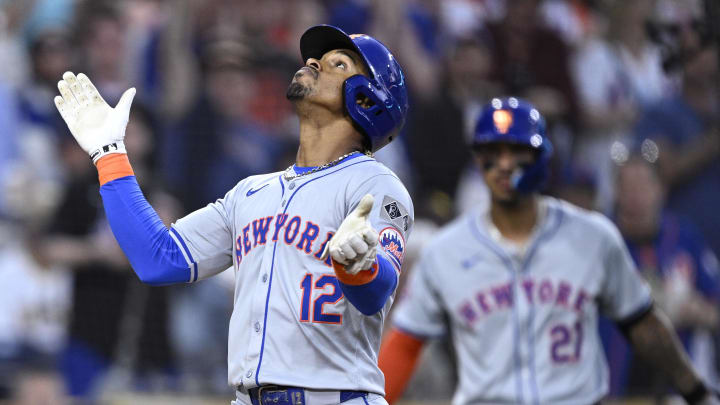 Aug 24, 2024; San Diego, California, USA; New York Mets shortstop Francisco Lindor (12) celebrates after hitting a home run against the San Diego Padres during the seventh inning at Petco Park. Mandatory Credit: Orlando Ramirez-USA TODAY Sports