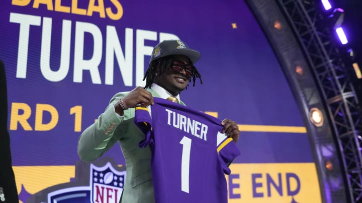 Apr 25, 2024; Detroit, MI, USA; Alabama Crimson Tide linebacker Dallas Turner poses after being selected by the Minnesota Vikings as the No. 17 pick in the first round of the 2024 NFL Draft at Campus Martius Park and Hart Plaza. Mandatory Credit: Kirby Lee-USA TODAY Sports