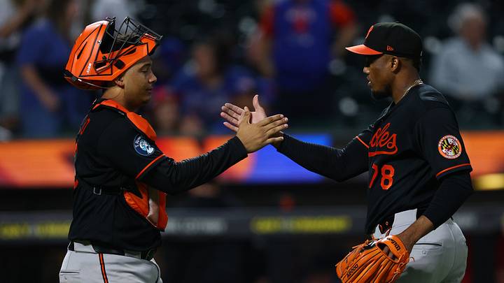 Sep 16, 2026; New York City, New York, USA;  Baltimore Orioles pitcher Yennier Cano (78) celebrates with catcher Samuel Basallo (29) after the game against the New York Mets at Citi Field.  Mandatory Credit: Vincent Carchietta-Imagn Images