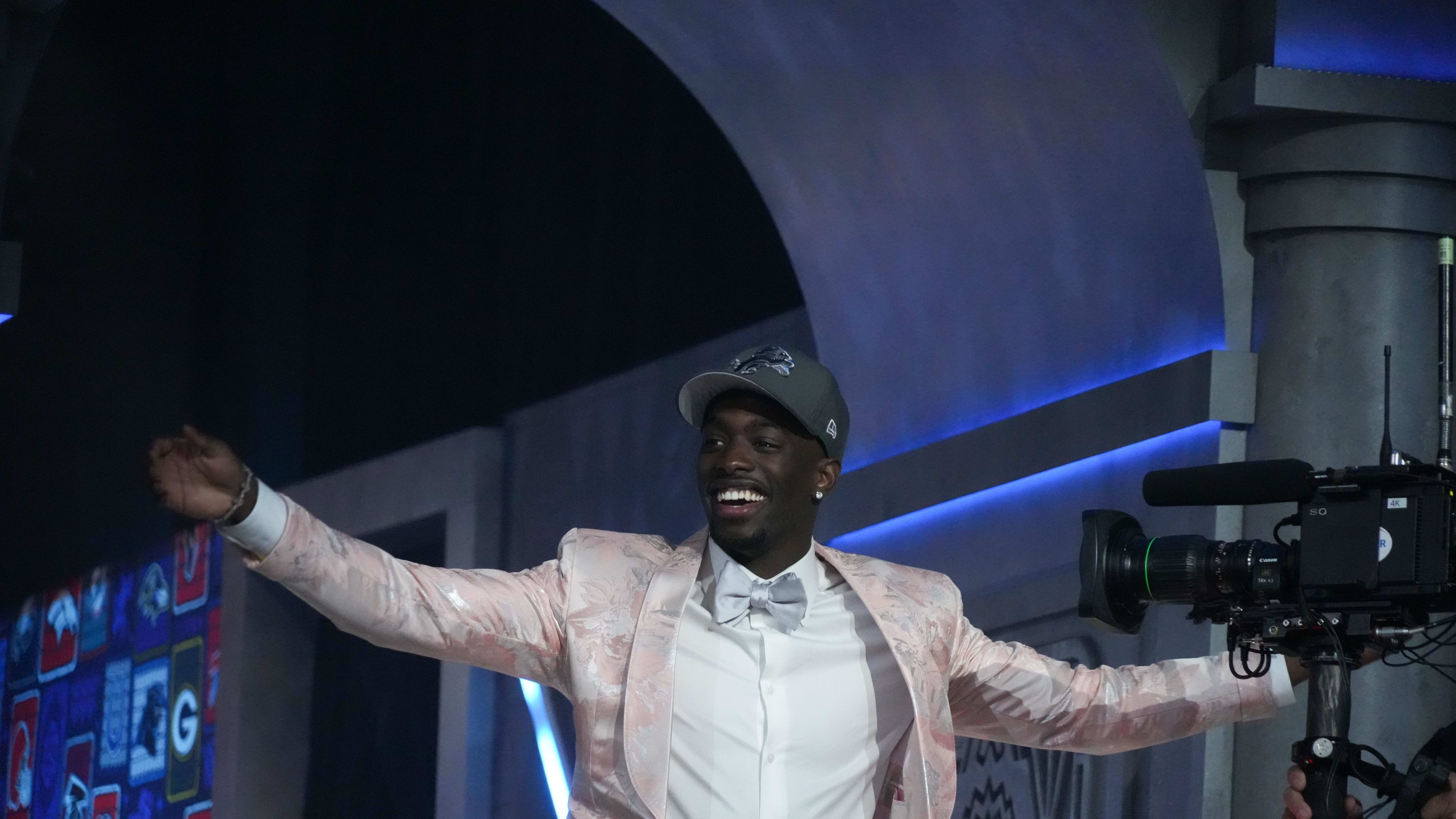 Alabama Crimson Tide defensive back Terrion Arnold reacts after being drafted by the Detroit Lions.