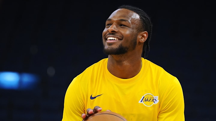 Jul 10, 2024; San Francisco, CA, USA; Los Angeles Lakers guard Bronny James Jr. (9) smiles during warm ups before a game against the Miami Heat at Chase Center. Mandatory Credit: Kelley L Cox-Imagn Images