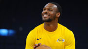 Jul 10, 2024; San Francisco, CA, USA; Los Angeles Lakers guard Bronny James Jr. (9) smiles during warm ups before a game against the Miami Heat at Chase Center. Mandatory Credit: Kelley L Cox-USA TODAY Sports