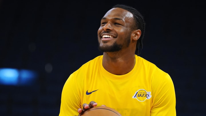 Jul 10, 2024; San Francisco, CA, USA; Los Angeles Lakers guard Bronny James Jr. (9) smiles during warm ups before a game against the Miami Heat at Chase Center. Mandatory Credit: Kelley L Cox-USA TODAY Sports