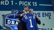 Apr 25, 2024; Detroit, MI, USA; UCLA Bruins defensive lineman Laiatu Latu poses with NFL commissioner Roger Goodell after being selected by the Indianapolis Colts as the No. 15 pick in the first round of the 2024 NFL Draft at Campus Martius Park and Hart Plaza. 