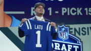 Apr 25, 2024; Detroit, MI, USA; UCLA Bruins defensive lineman Laiatu Latu poses after being selected by the Indianapolis Colts as the No. 15 pick in the first round of the 2024 NFL Draft at Campus Martius Park and Hart Plaza. Mandatory Credit: Kirby Lee-USA TODAY Sports