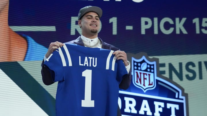 Apr 25, 2024; Detroit, MI, USA; UCLA Bruins defensive lineman Laiatu Latu poses after being selected by the Indianapolis Colts as the No. 15 pick in the first round of the 2024 NFL Draft at Campus Martius Park and Hart Plaza. Mandatory Credit: Kirby Lee-USA TODAY Sports