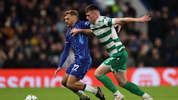 Kiernan Dewsbury-Hall is challenged by a Shamrock Rovers player in Chelsea's UEFA Conference League tie.