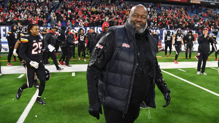 Dec 30, 2023; Nashville, TN, USA; Maryland Terrapins head coach Mike Locksley after being dumped with Gatorade after a win against the Auburn Tigers at Nissan Stadium. Mandatory Credit: Christopher Hanewinckel-USA TODAY Sports