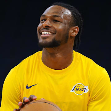 Jul 10, 2024; San Francisco, CA, USA; Los Angeles Lakers guard Bronny James Jr. (9) smiles during warm ups before a game against the Miami Heat at Chase Center.