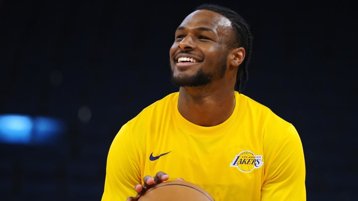 Jul 10, 2024; San Francisco, CA, USA; Los Angeles Lakers guard Bronny James Jr. (9) smiles during warm ups before a game against the Miami Heat at Chase Center.