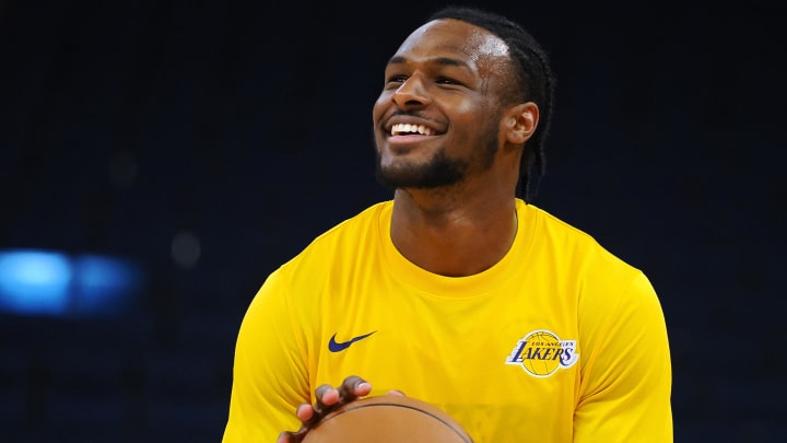 Jul 10, 2024; San Francisco, CA, USA; Los Angeles Lakers guard Bronny James Jr. (9) smiles during warm ups before a game against the Miami Heat at Chase Center. Mandatory Credit: Kelley L Cox-USA TODAY Sports