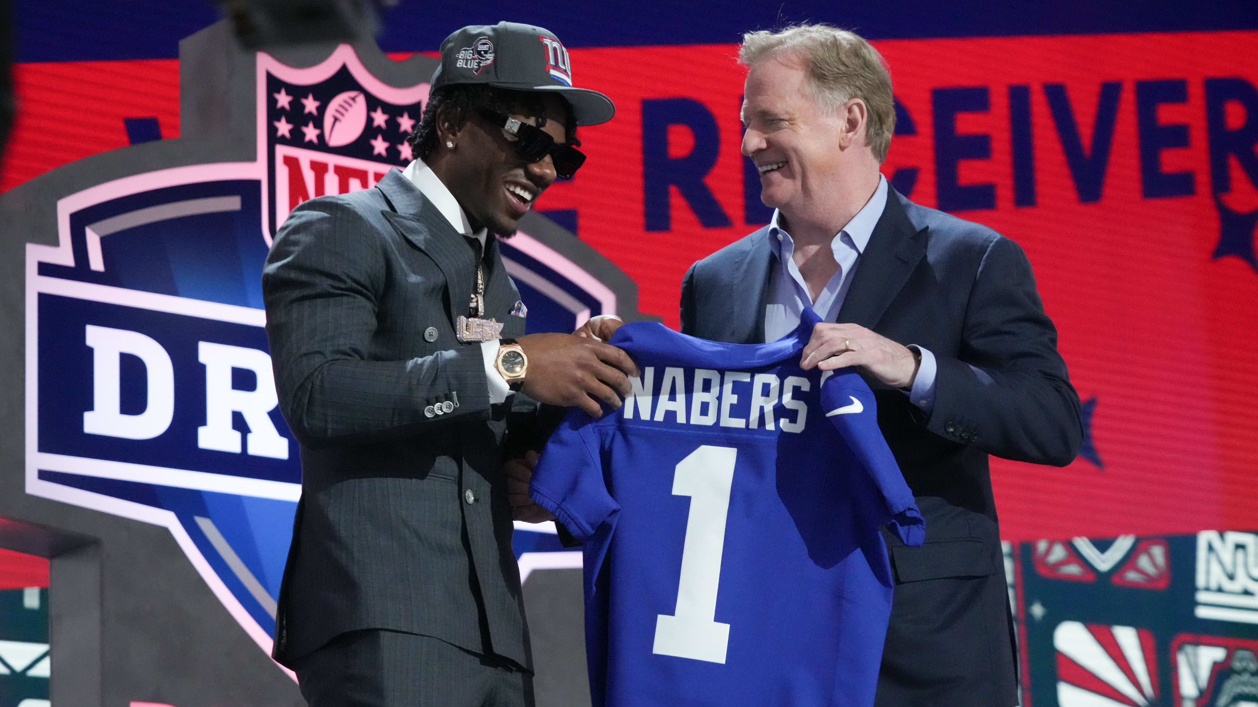 April 25, 2024;  Detroit, MI, USA;  LSU Tigers wide receiver Malik Nabers poses with NFL commissioner