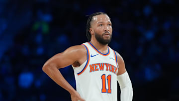 Dec 13, 2025; Las Vegas, Nevada, USA; New York Knicks guard Jalen Brunson (11) stands on the court against the Orlando Magic during the third quarter at T-Mobile Arena. Mandatory Credit: Kirby Lee-Imagn Images