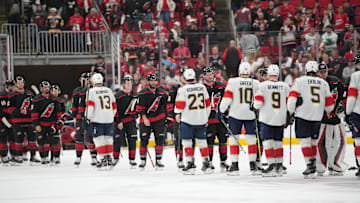 Carolina Hurricanes and Florida Panthers shake hands after the Eastern Conference Final of the 2025 Stanley Cup Playoffs