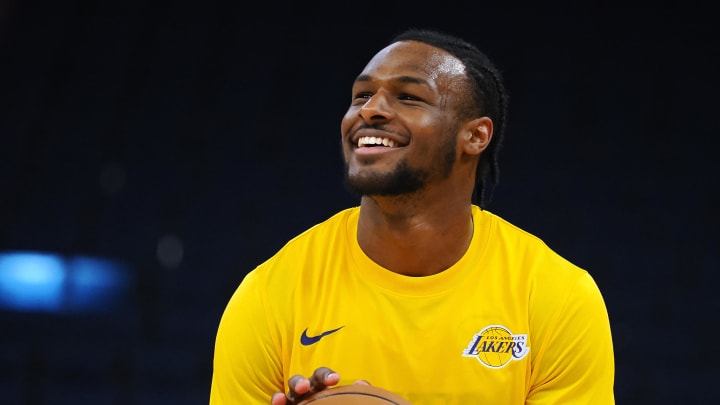 Jul 10, 2024; San Francisco, CA, USA; Los Angeles Lakers guard Bronny James Jr. (9) smiles during warm ups before a game against the Miami Heat at Chase Center. Mandatory Credit: Kelley L Cox-USA TODAY Sports