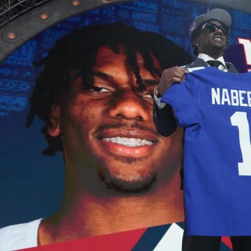 Apr 25, 2024; Detroit, MI, USA; LSU Tigers wide receiver Malik Nabers poses after being selected by the New York Giants as the No. 6 pick in the first round of the 2024 NFL Draft at Campus Martius Park and Hart Plaza. Mandatory Credit: Kirby Lee-USA TODAY Sports