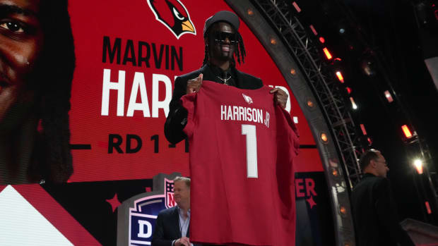 Apr 25, 2024; Detroit, MI, USA; Ohio State Buckeyes wide receiver Marvin Harrison Jr. poses after