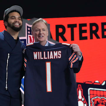 Caleb Williams poses with NFL commissioner Roger Goodell after being selected by the Chicago Bears as the No. 1 pick in the 2024 NFL draft. 
