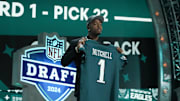 Apr 25, 2024; Detroit, MI, USA; Toledo Rockets cornerback Quinyon Mitchell poses after being selected by the Philadelphia Eagles as the No. 22 pick in the first round of the 2024 NFL Draft at Campus Martius Park and Hart Plaza. Mandatory Credit: Kirby Lee-Imagn Images