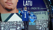 Apr 25, 2024; Detroit, MI, USA; UCLA Bruins defensive lineman Laiatu Latu poses after being selected by the Indianapolis Colts as the No. 15 pick in the first round of the 2024 NFL Draft at Campus Martius Park and Hart Plaza. Mandatory Credit: Kirby Lee-USA TODAY Sports