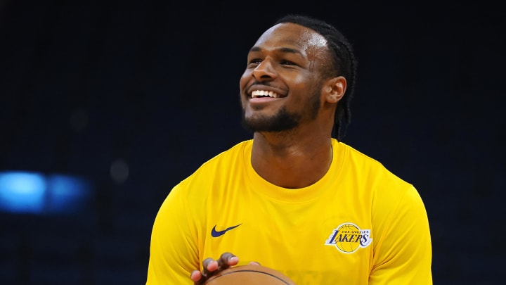 Jul 10, 2024; San Francisco, CA, USA; Los Angeles Lakers guard Bronny James Jr. (9) smiles during warm ups before a game against the Miami Heat at Chase Center. Mandatory Credit: Kelley L Cox-USA TODAY Sports