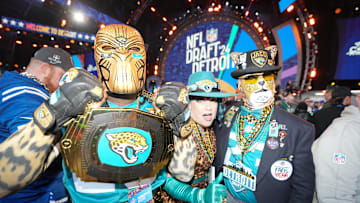 Apr 25, 2024; Detroit, MI, USA; Jacksonville Jaguars fans pose for a photograph during the 2024 NFL Draft at Campus Martius Park and Hart Plaza. 