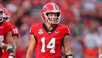 Sep 6, 2025; Athens, Georgia, USA; Georgia Bulldogs quarterback Gunner Stockton (14) in action against the Austin Peay Governors in the fourth quarter at Sanford Stadium. Mandatory Credit: Brett Davis-Imagn Images