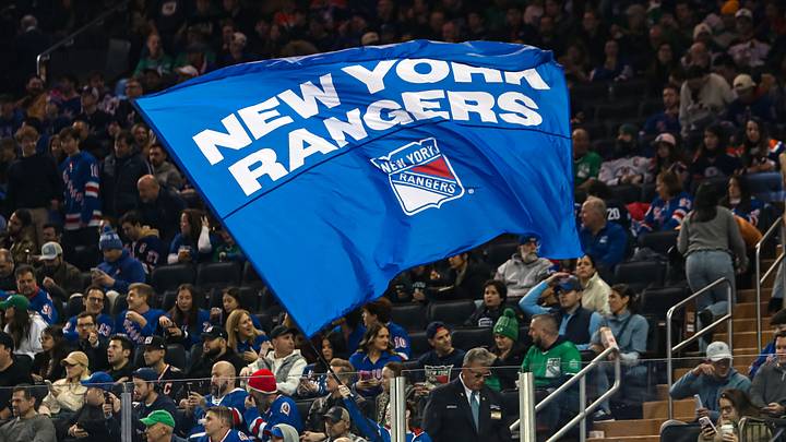 Mar 16, 2025; New York, New York, USA; A New York Rangers flag is seen in the crown during the first period against the Edmonton Oilers at Madison Square Garden. Mandatory Credit: Danny Wild-Imagn Images Mar 16, 2025; New York, New York, USA; A New York Rangers flag is seen in the crown during the first period against the Edmonton Oilers at Madison Square Garden. Mandatory Credit: Danny Wild-Imagn Images