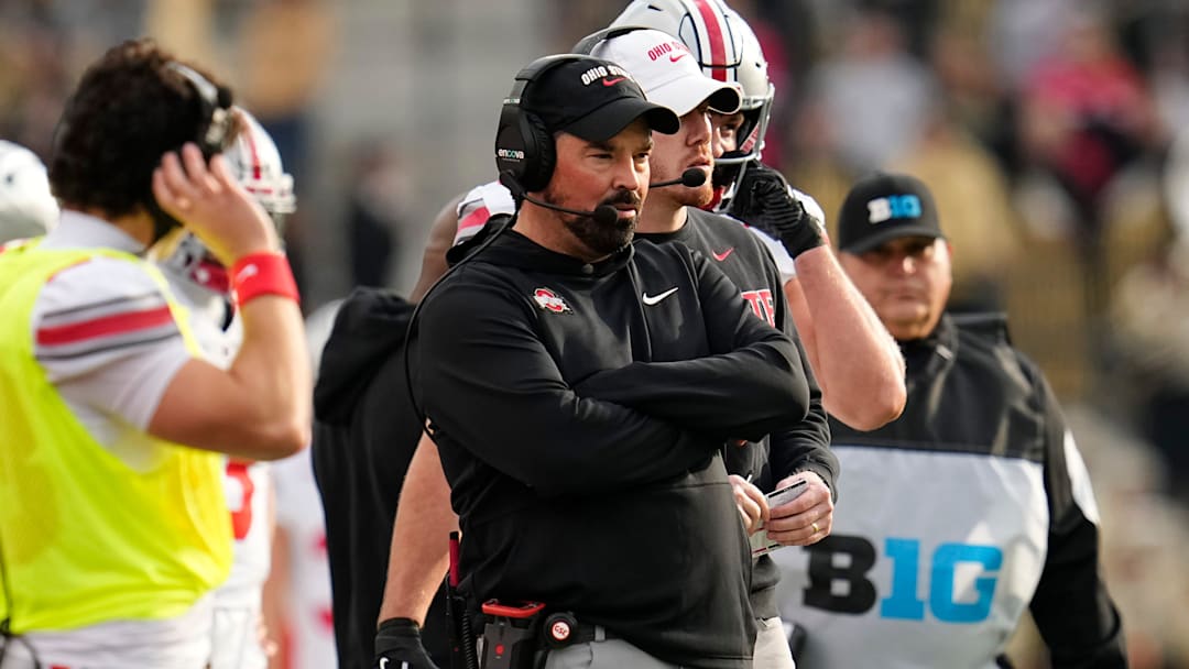 Ohio State Buckeyes head coach Ryan Day watch during the NCAA football game against the Purdue Boilermakers at Ross-Ade Stadium in West Lafayette, Ind. on Nov. 8, 2025. Ohio State won 34-10.