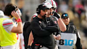 Ohio State Buckeyes head coach Ryan Day watch during the NCAA football game against the Purdue Boilermakers at Ross-Ade Stadium in West Lafayette, Ind. on Nov. 8, 2025. Ohio State won 34-10.