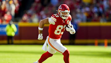 Nov 10, 2024; Kansas City, Missouri, USA; Kansas City Chiefs tight end Noah Gray (83) runs with the ball during the first half against the Denver Broncos at GEHA Field at Arrowhead Stadium. Mandatory Credit: Jay Biggerstaff-Imagn Images