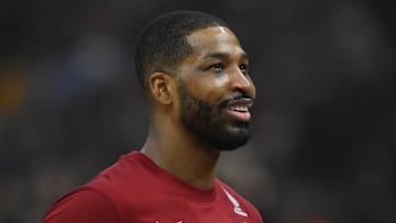 Apr 14, 2024; Cleveland, Ohio, USA; Cleveland Cavaliers center Tristan Thompson (13) stands on the court before a game against the Charlotte Hornets at Rocket Mortgage FieldHouse.