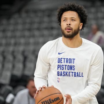 Apr 14, 2024; San Antonio, Texas, USA; Detroit Pistons guard Cade Cunningham (2) warms up for a game against the San Antonio Spurs at Frost Bank Center. Mandatory Credit: Scott Wachter-USA TODAY Sports