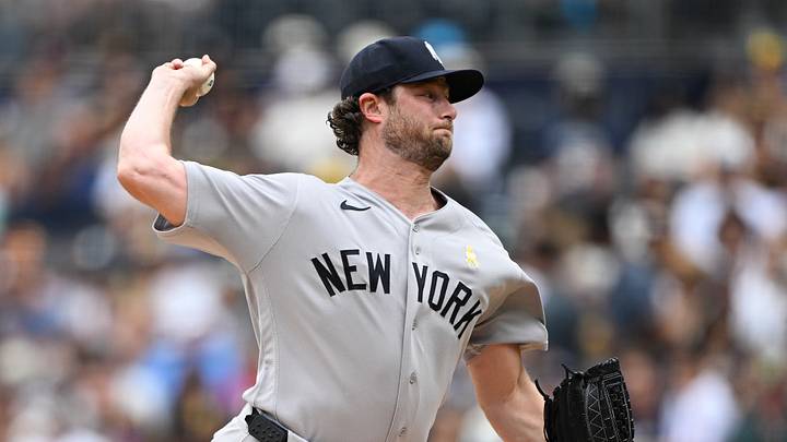 Sep 6, 2026; San Diego, California, USA;  New York Yankees pitcher Gerrit Cole (45) pitches against the San Diego Padres during the first inning at Petco Park.  Mandatory Credit: Denis Poroy-Imagn Images