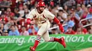 Jul 26, 2025; St. Louis, Missouri, USA;  St. Louis Cardinals second baseman Brendan Donovan (33) takes a big leadoff from first base against the San Diego Padres at Busch Stadium. Mandatory Credit: Tim Vizer-Imagn Images