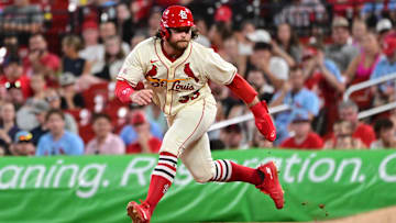 Jul 26, 2025; St. Louis, Missouri, USA;  St. Louis Cardinals second baseman Brendan Donovan (33) takes a big leadoff from first base against the San Diego Padres at Busch Stadium. Mandatory Credit: Tim Vizer-Imagn Images