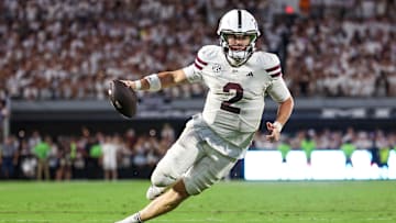 Sep 27, 2025; Starkville, Mississippi, USA; Mississippi State Bulldogs quarterback Blake Shapen (2) runs with the ball during overtime against the Tennessee Volunteers at Davis Wade Stadium at Scott Field. Mandatory Credit: Wesley Hale-Imagn Images