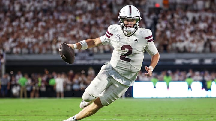 Sep 27, 2025; Starkville, Mississippi, USA; Mississippi State Bulldogs quarterback Blake Shapen (2) runs with the ball during overtime against the Tennessee Volunteers at Davis Wade Stadium at Scott Field. Mandatory Credit: Wesley Hale-Imagn Images