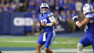 Oct 3, 2025; Provo, Utah, USA; Brigham Young Cougars quarterback Bear Bachmeier (47) drops back to pass against the West Virginia Mountaineers during the first quarter at LaVell Edwards Stadium. Mandatory Credit: Rob Gray-Imagn Images