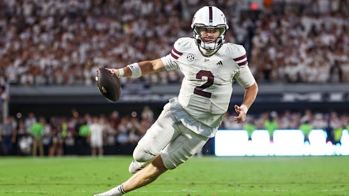 Sep 27, 2025; Starkville, Mississippi, USA; Mississippi State Bulldogs quarterback Blake Shapen (2) runs with the ball during overtime against the Tennessee Volunteers at Davis Wade Stadium at Scott Field. Mandatory Credit: Wesley Hale-Imagn Images