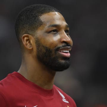 Apr 14, 2024; Cleveland, Ohio, USA; Cleveland Cavaliers center Tristan Thompson (13) stands on the court before a game against the Charlotte Hornets at Rocket Mortgage FieldHouse.
