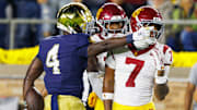 Notre Dame running back Jeremiyah Love (4) celebrates after getting a first down in the first half of a NCAA football game against Southern California at Notre Dame Stadium on Saturday, Oct. 18, 2025, in South Bend.