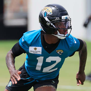Jacksonville Jaguars wide receiver Travis Hunter runs a route during a rookie minicamp.