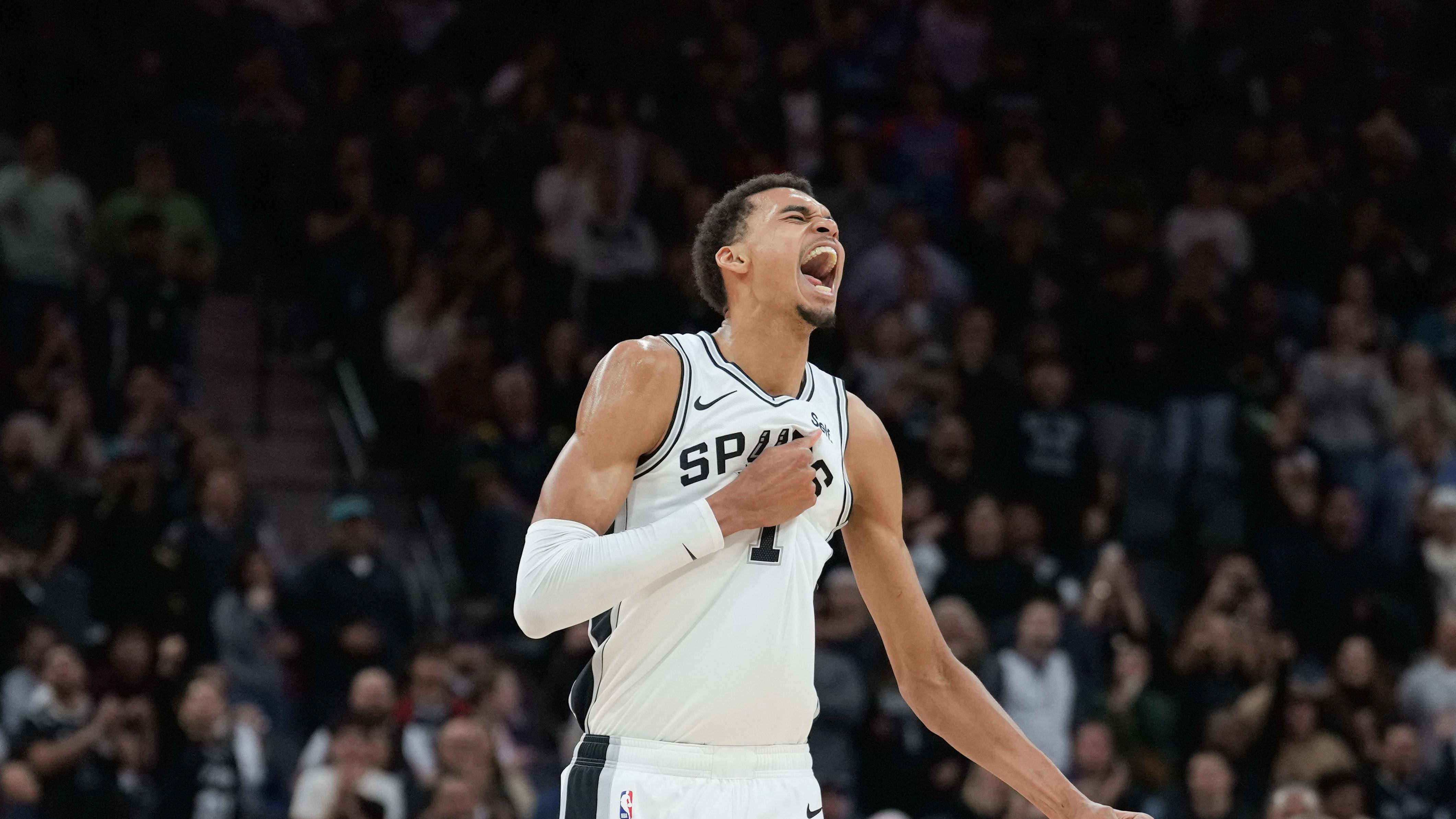 Feb 29, 2024; San Antonio, Texas, USA;  San Antonio Spurs center Victor Wembanyama (1) celebrates in