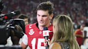 Alabama Crimson Tide quarterback Ty Simpson (15) is interviewed after the game against the Tennessee Volunteers 