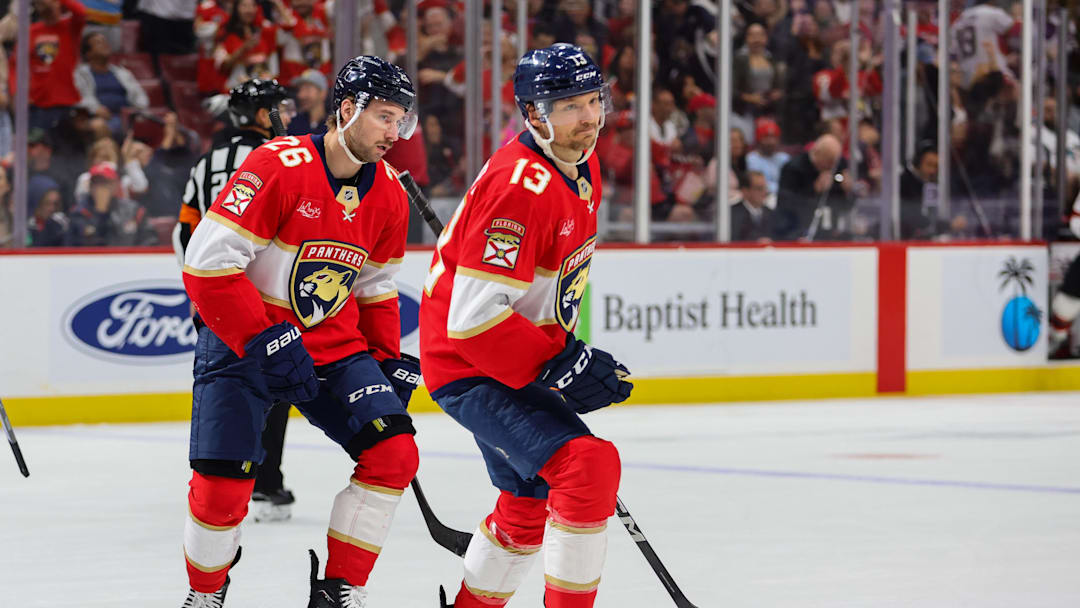 Nov 12, 2024; Sunrise, Florida, USA; Florida Panthers center Sam Reinhart (13) looks on after scoring against the New Jersey Devils during the second period at Amerant Bank Arena. 
