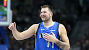 Nov 6, 2024; Dallas, Texas, USA;  Dallas Mavericks guard Luka Doncic (77) reacts during the second half against the Chicago Bulls at American Airlines Center. Mandatory Credit: Kevin Jairaj-Imagn Images
