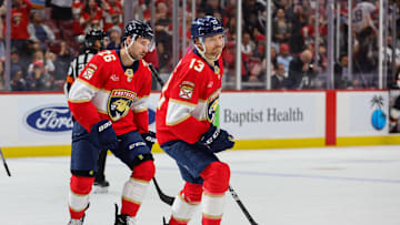Nov 12, 2024; Sunrise, Florida, USA; Florida Panthers center Sam Reinhart (13) looks on after scoring against the New Jersey Devils during the second period at Amerant Bank Arena. 