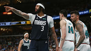 Apr 18, 2025; Memphis, Tennessee, USA; Dallas Mavericks forward Anthony Davis (3) reacts during the third quarter against the Memphis Grizzlies at FedExForum. Mandatory Credit: Petre Thomas-Imagn Images