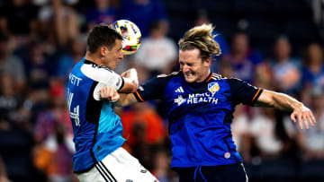 Charlotte FC midfielder Andrew Privett (34) heads the ball away from FC Cincinnati defender Kipp Keller (14) in the second half of the MLS match at TQL Stadium in Cincinnati on Saturday, July 13, 2024.